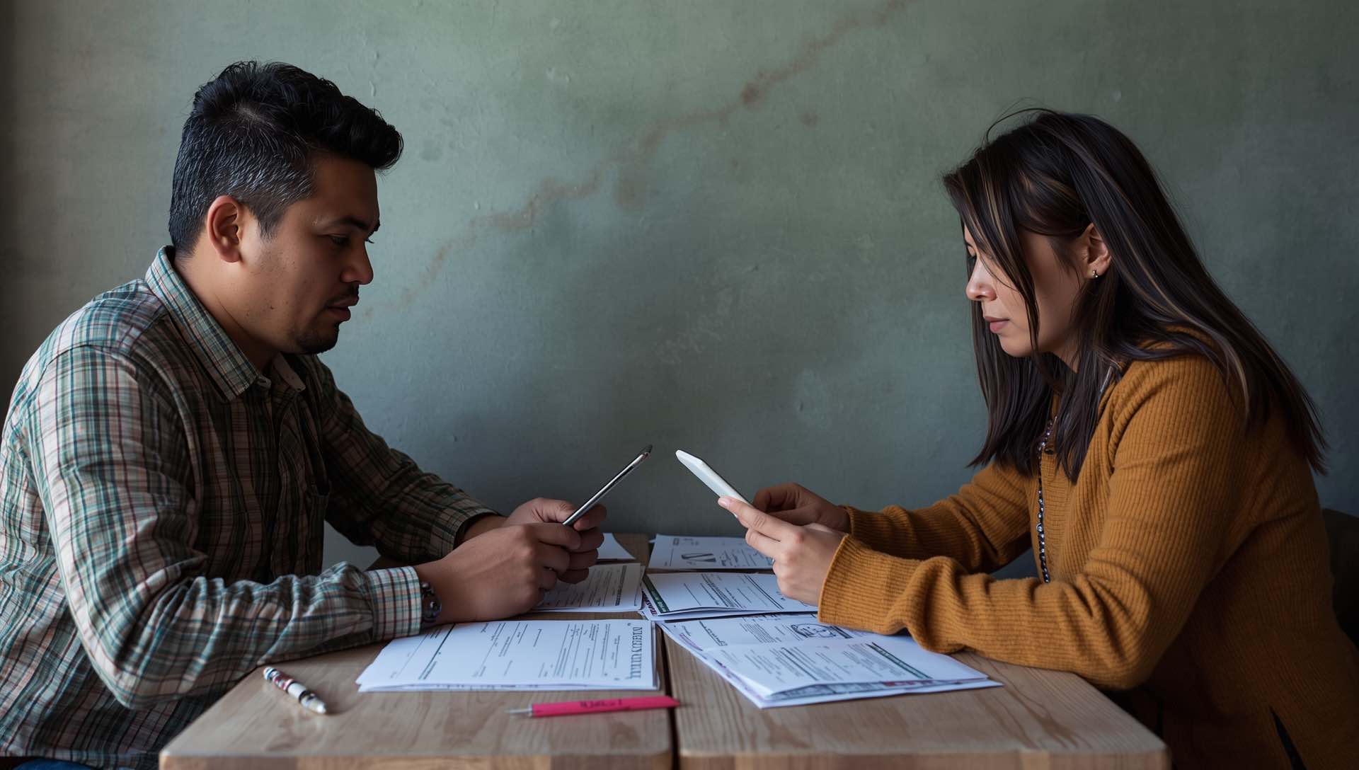dos-personas-escribiendo-celular-papeles-mesa