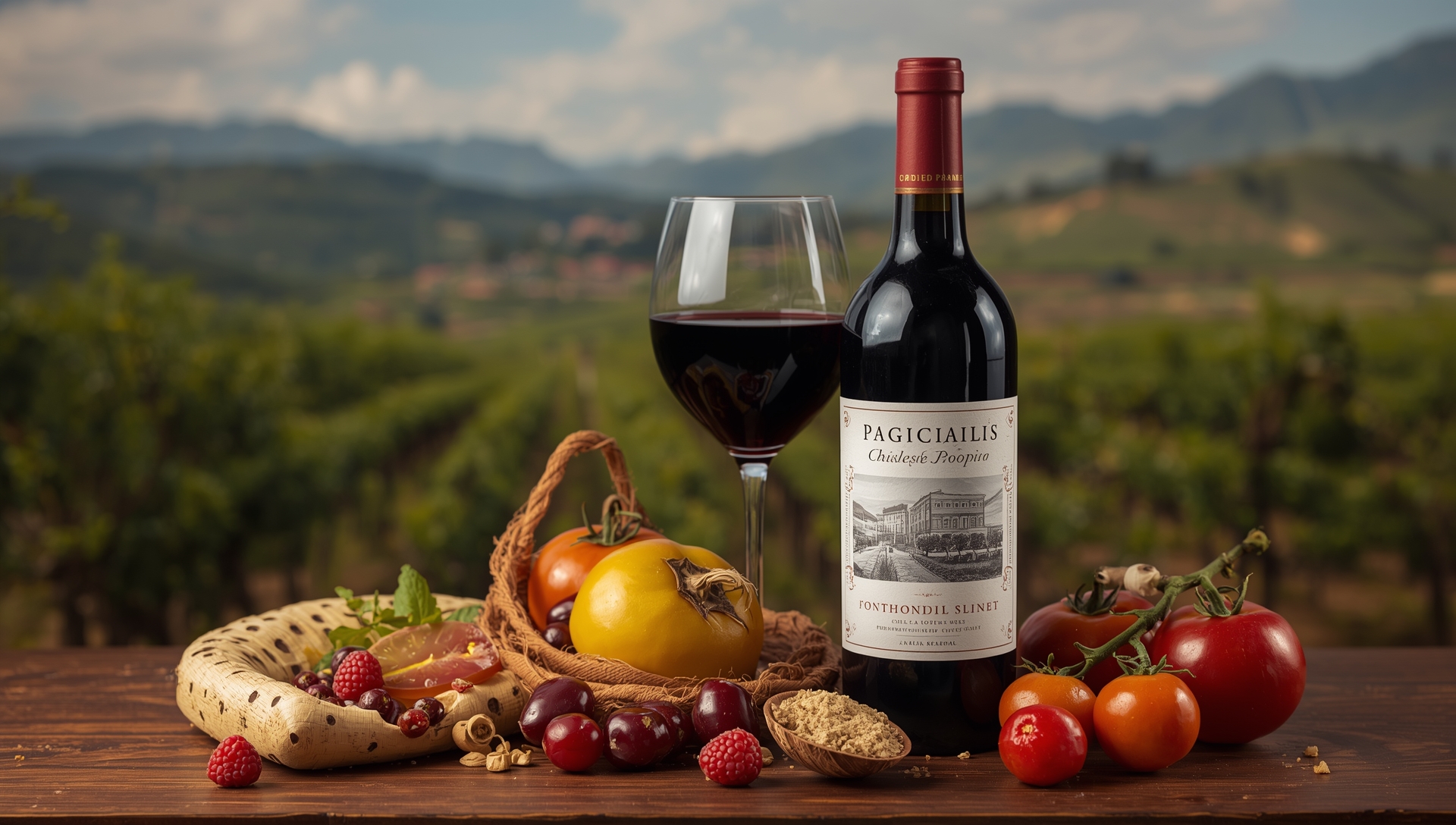Botella Vino patrimonial y productos de la region de Ñuble, Chile