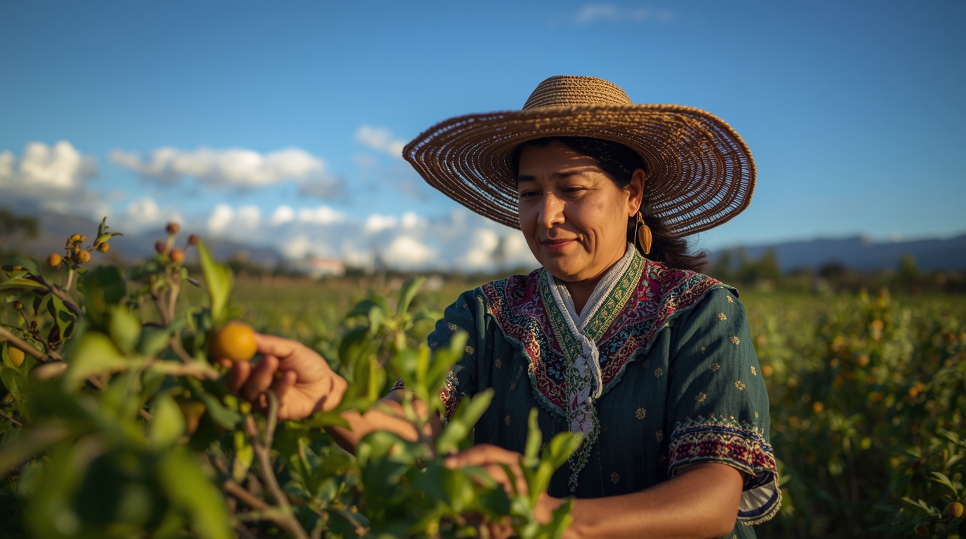 Mujer cosechando frambuesas campo