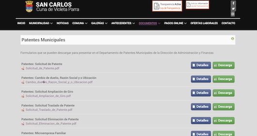 Formulario de traslado de patente municipal para cambio de domicilio comercial en San Carlos, Ñuble.
