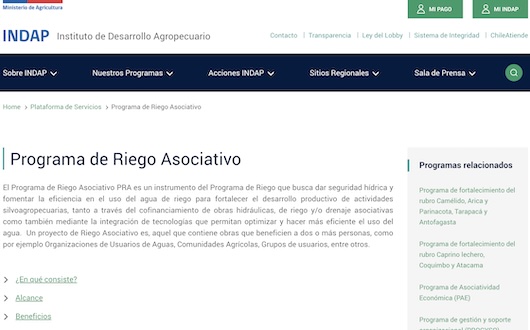 INDAP Chile programa de riego asociativo financia obras de riego y drenaje con incentivo económico de hasta 90% para agricultores.