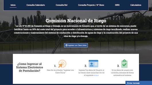 Screenshot plataforma CNR Ley 18.450 Chile, postulación online a subsidios de riego tecnificado Comisión Nacional de Riego.