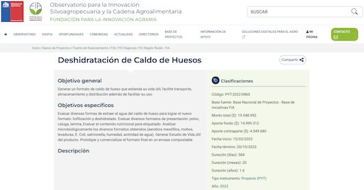 Screenshot proyecto deshidratación de caldo de huesos 2022 Ñuble, ejecutado por Pasturas SpA con FIC Ñuble y FIA.