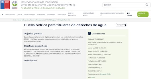 Screenshot proyecto huella hídrica digital 2022 Ñuble, ejecutado por Smart Hydro SpA con financiamiento FIC Ñuble y FIA.