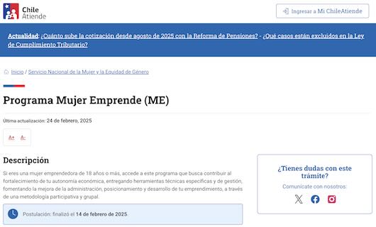 Screenshot programa Sernameg Mujer Emprende Chile, capacitación y apoyo a emprendedoras para negocios sostenibles.