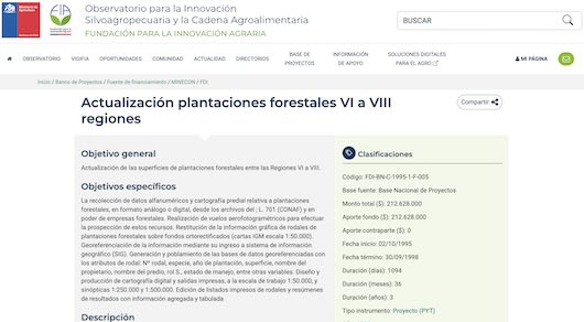 INFOR actualiza superficie de plantaciones forestales entre regiones VI y VIII de Chile.