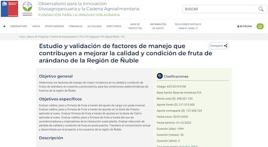 INIA mejora calidad y manejo del arándano en Ñuble con factores innovadores de cultivo. FIC Ñuble-FIA 2019.