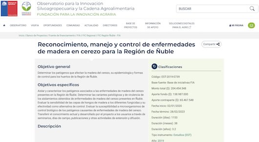 Control de enfermedades de madera en cerezos de Ñuble. INIA, proyecto FIA FIC Ñuble.