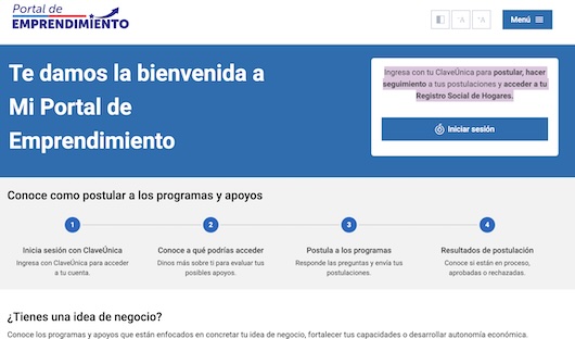 Portal de Emprendimiento Chile: plataforma digital para postular y gestionar apoyos a emprendedores en Ñuble, con ClaveÚnica, Ministerio de Desarrollo Social.