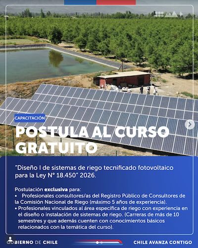 Curso gratuito CNR 2026 sobre diseño de riego tecnificado fotovoltaico para agricultura eficiente y energías renovables en Ñuble.