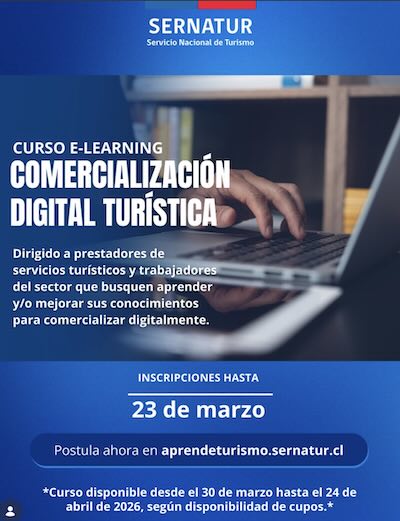 Curso Comercialización Digital Turística Sernatur Chile, capacitación online gratuita en marketing digital, reservas y ventas para servicios turísticos.