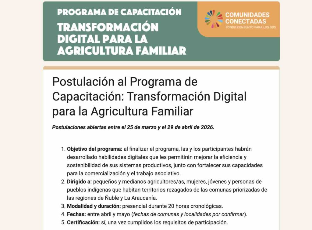 Transformación digital agricultura familiar Ñuble 2026 capacitación gratuita tecnologías agrícolas ventas digitalización Comunidades Conectadas