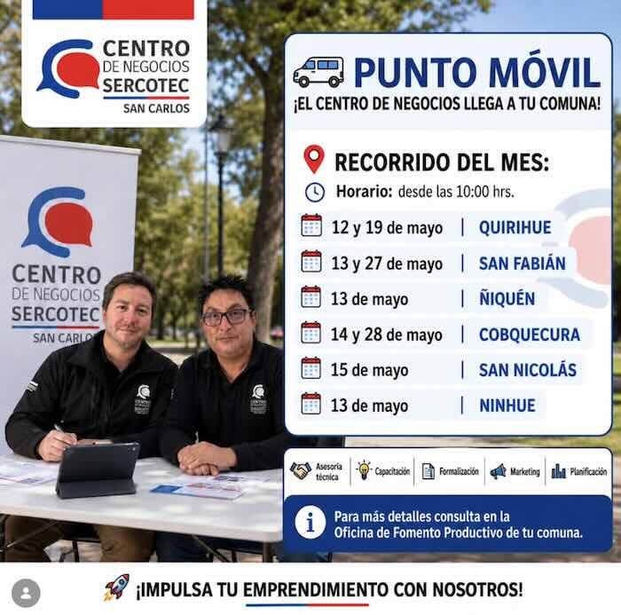 Centro de Negocios Sercotec San Carlos en Ñiquén con atención móvil para pymes y emprendimientos.