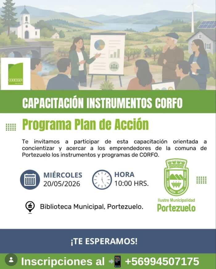 Charla informativa sobre fondos públicos CORFO en Portezuelo para emprendimientos y sustentabilidad.