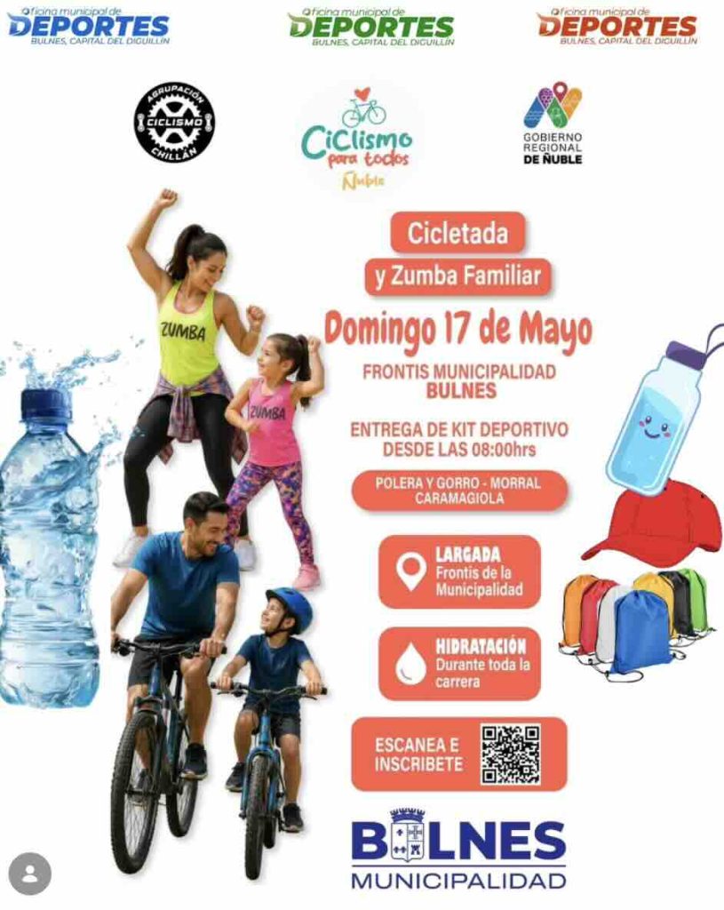 Cicletada y Zumba Familiar en Bulnes con deporte, vida saludable y actividades recreativas organizadas por Deporte Comunal Bulnes.