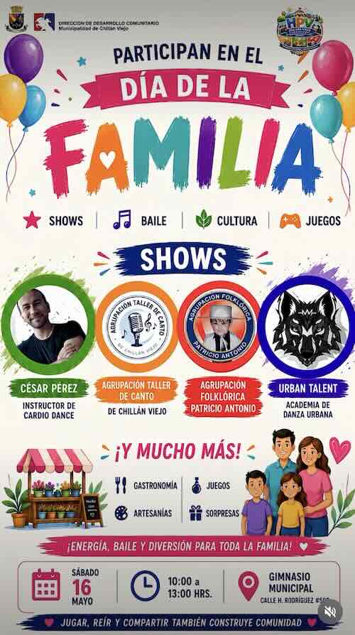 Día de la Familia en Chillán Viejo con actividades infantiles, concursos y shows familiares gratuitos.