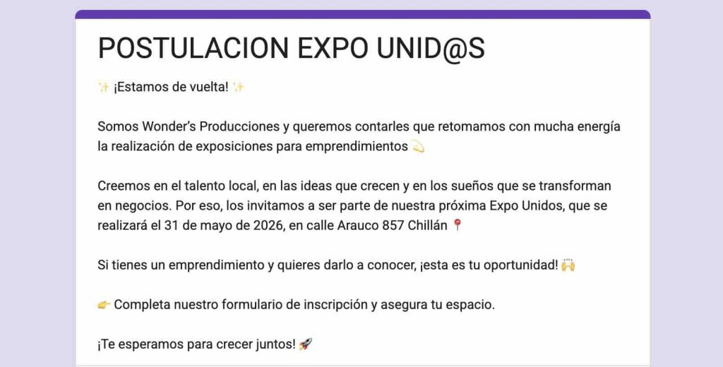 Expo Unid@s Chillán de Wonder’s Producciones: feria de emprendedores, música, comida y apoyo local en Chillán.