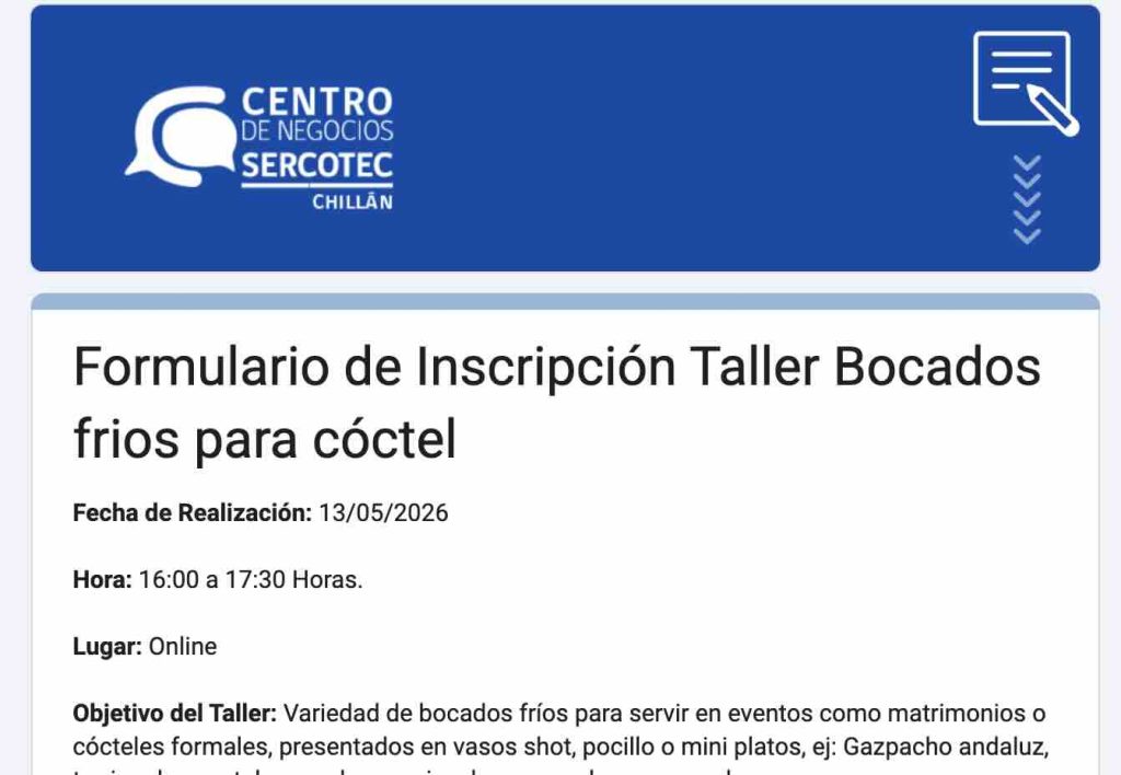 Taller bocados fríos cóctel SERCOTEC Chillán Ñuble gastronomía capacitación cocina eventos online