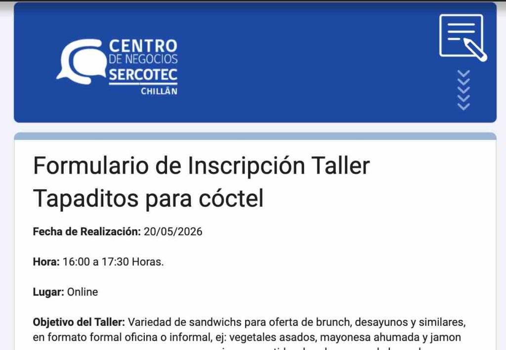 Taller tapaditos cóctel SERCOTEC Chillán Ñuble gastronomía preparación alimentos catering capacitación online