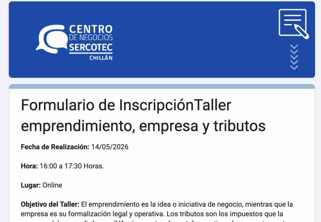 Taller emprendimiento empresa tributos SERCOTEC Chillán Ñuble formalización negocios impuestos capacitación online